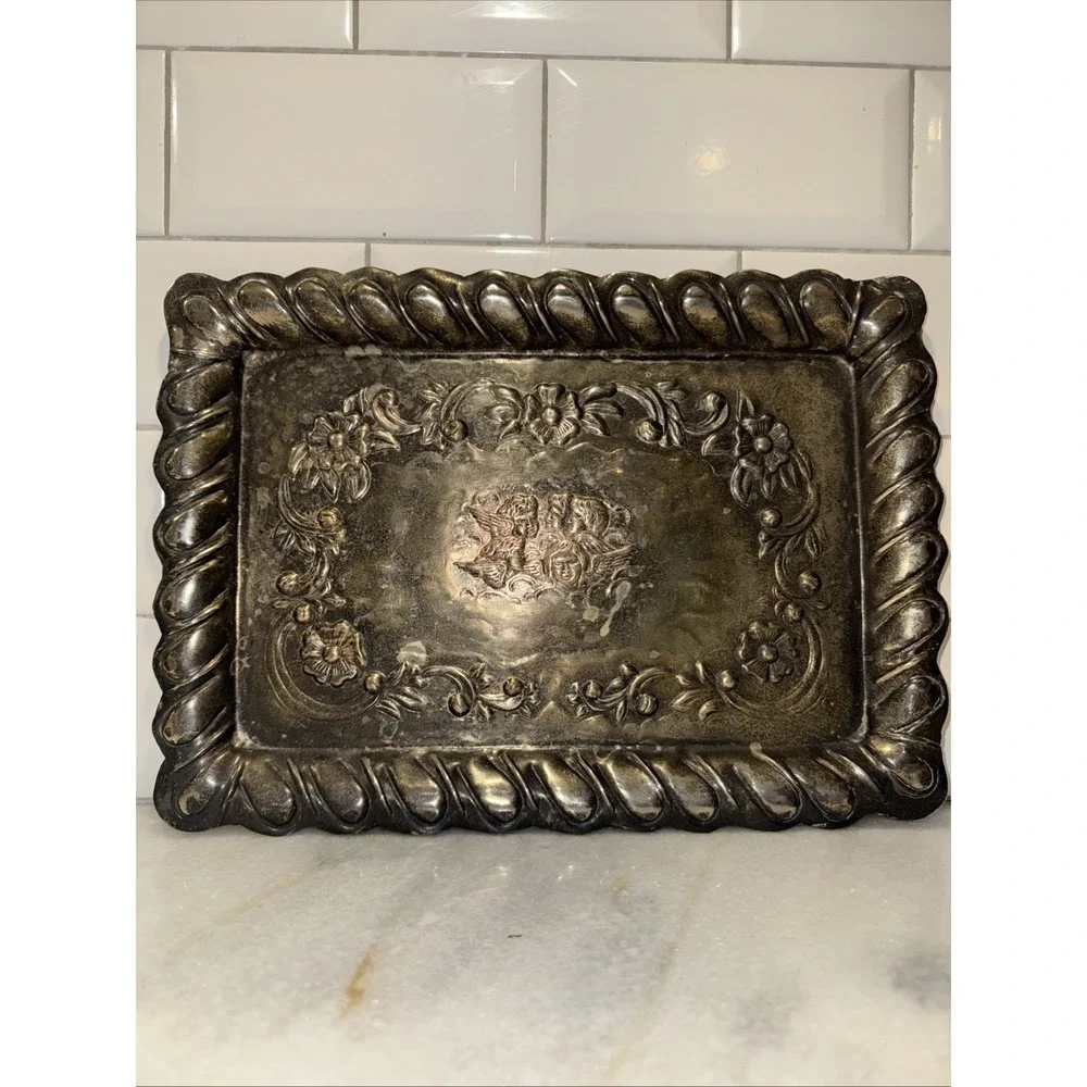ANTIQUE SILVER PLATED - REYNOLDS ANGELS - EMBOSSED CARD TRAY 1901, 11¾
